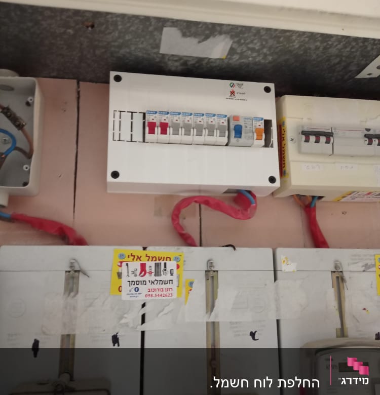 לוח חשמל עם מפסקים וחוטים אדומים